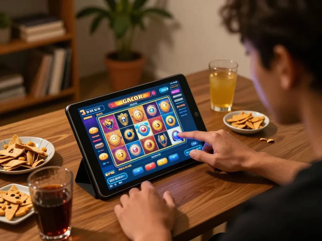 Player enjoying a slot gacor game on tablet surrounded by snacks and drinks at home