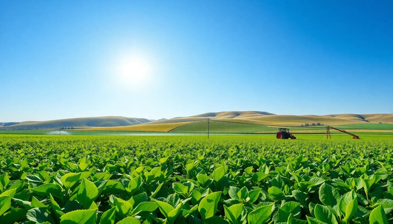 Land irrigation systems improving crop growth in a vibrant agricultural landscape.