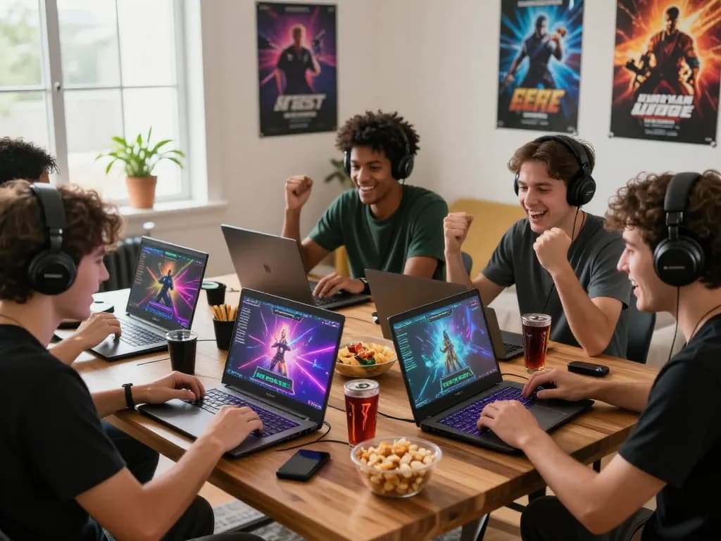 Engaging gaming session with players immersed in vegasslot77 online games, surrounded by neon graphics and snacks.