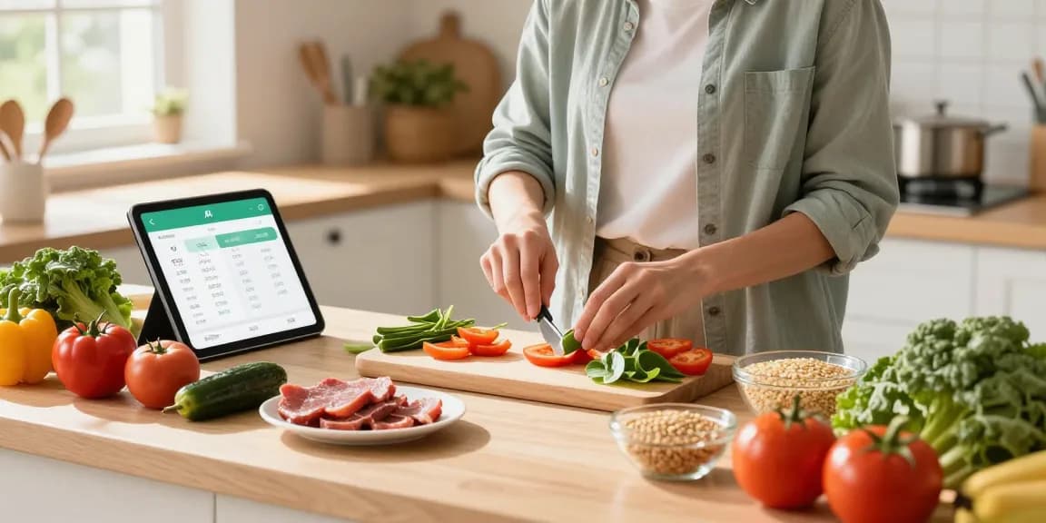 Discover the best calorie tracker with an individual prepping a healthy meal while using AI tracking technology in a sunny kitchen.
