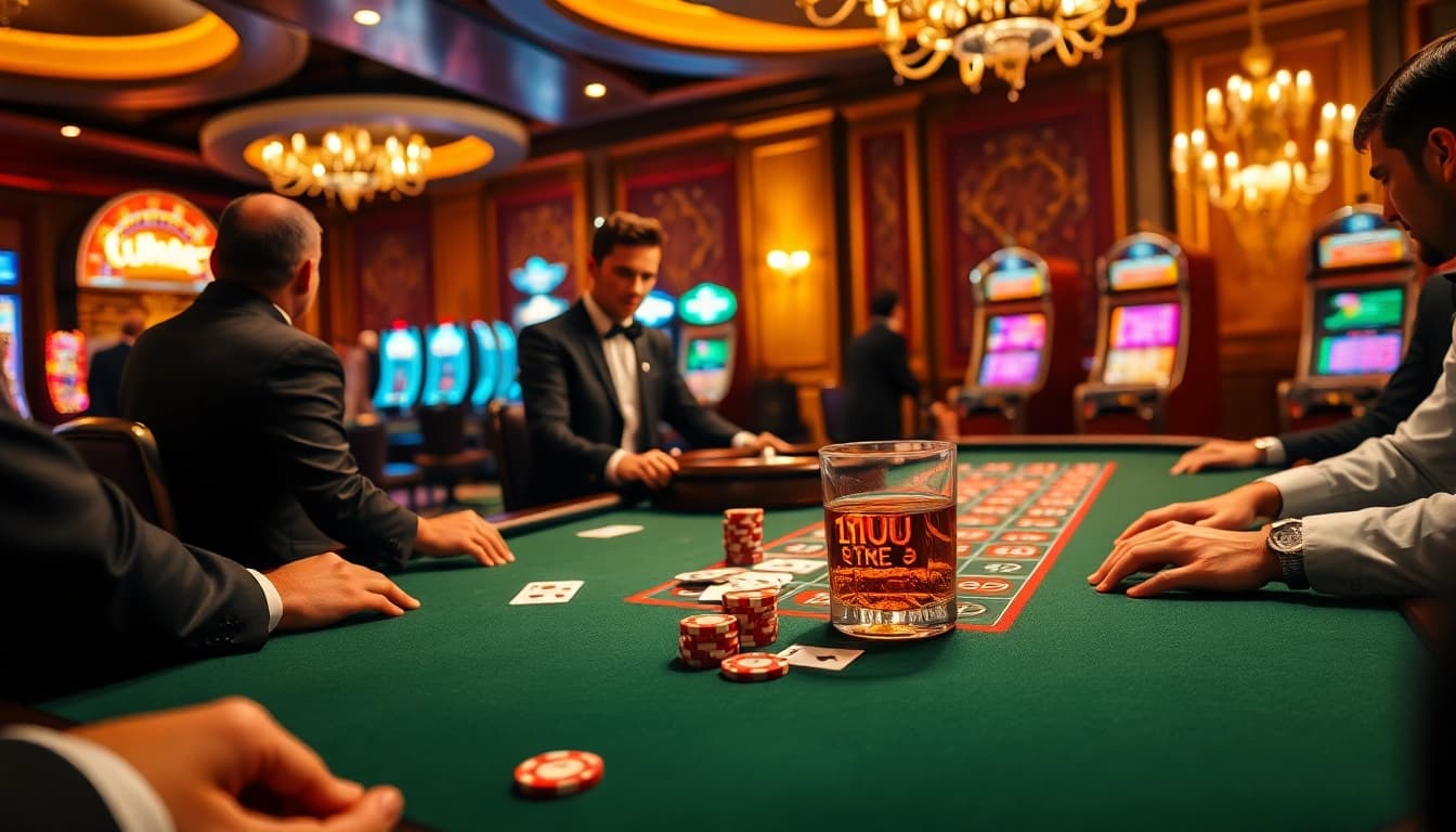 Experience high-stakes gaming at a luxurious casino featuring 11UU poker tables and vibrant slot machines.