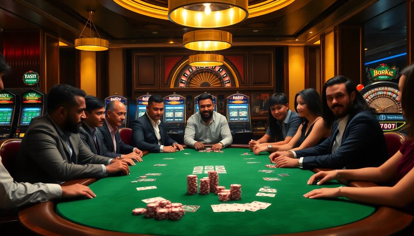 Pemain yang terlibat dalam strategi di meja poker online dengan chip dan kartu yang berwarna-warni.