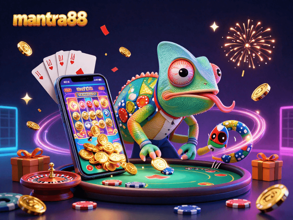 Engage with mantra88, a vibrant casino scene showcasing a colorful chameleon owner and thrilling slot games.