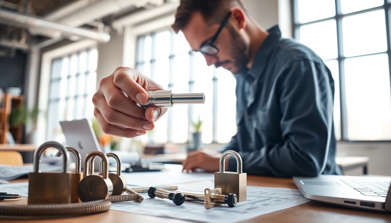 Business lock replacement in progress by a skilled locksmith showcasing precise tools and a professional workspace.