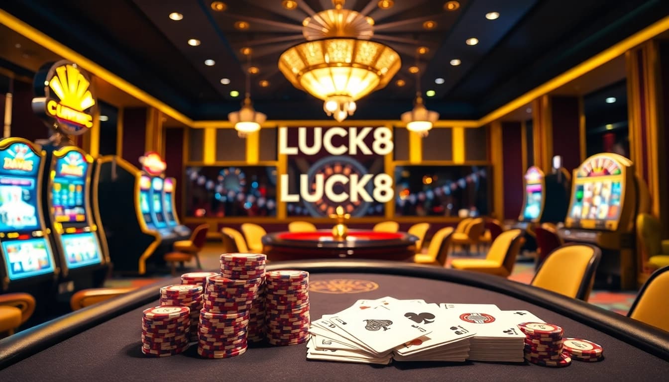 Experience the excitement of LUCK8 gaming with luxurious poker tables and vibrant slot machines.