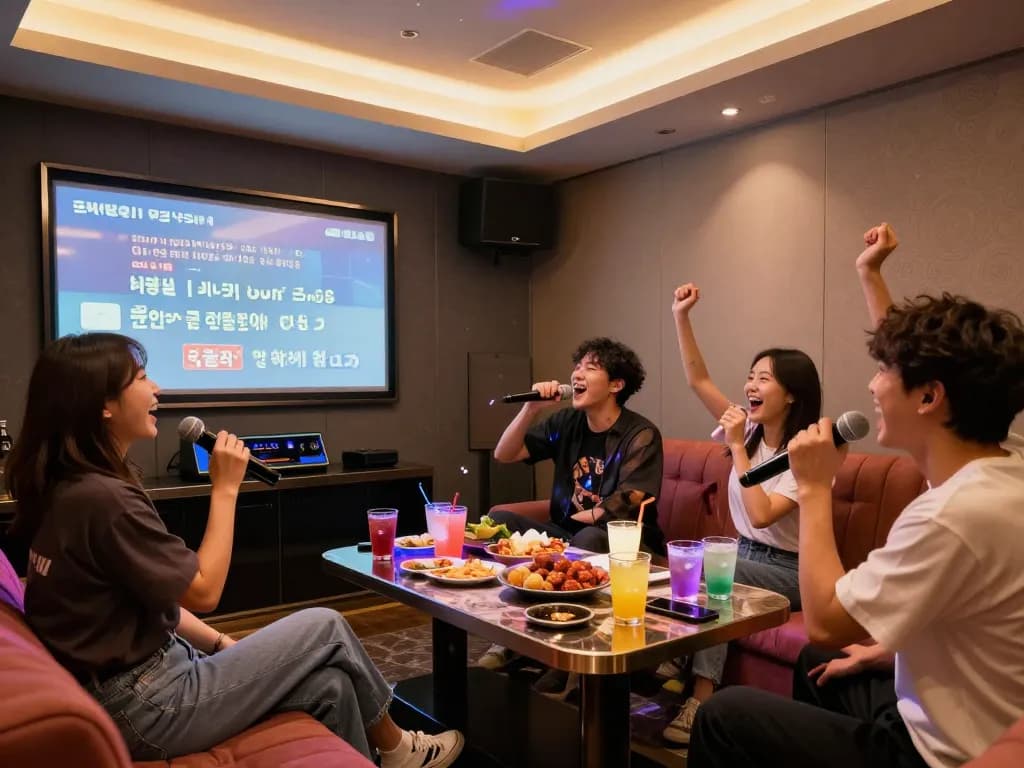 부평의 개인 노래방에서 친구들이 음악과 음료를 즐기는 생동감 넘치는 모습을 담은 축하 장면, 3no.org/bupyeong을 강조합니다.