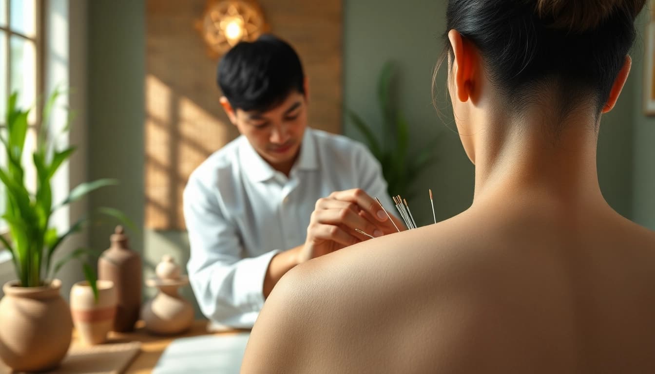 Praktisi TCM berfokus pada akupunktur dalam ruangan terapi yang tenang dan dekoratif.