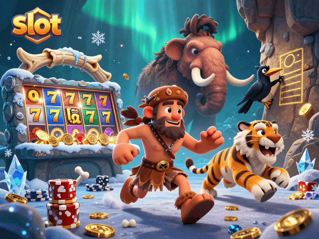 Spin the slot reels with colorful symbols in a prehistoric casino adventure.