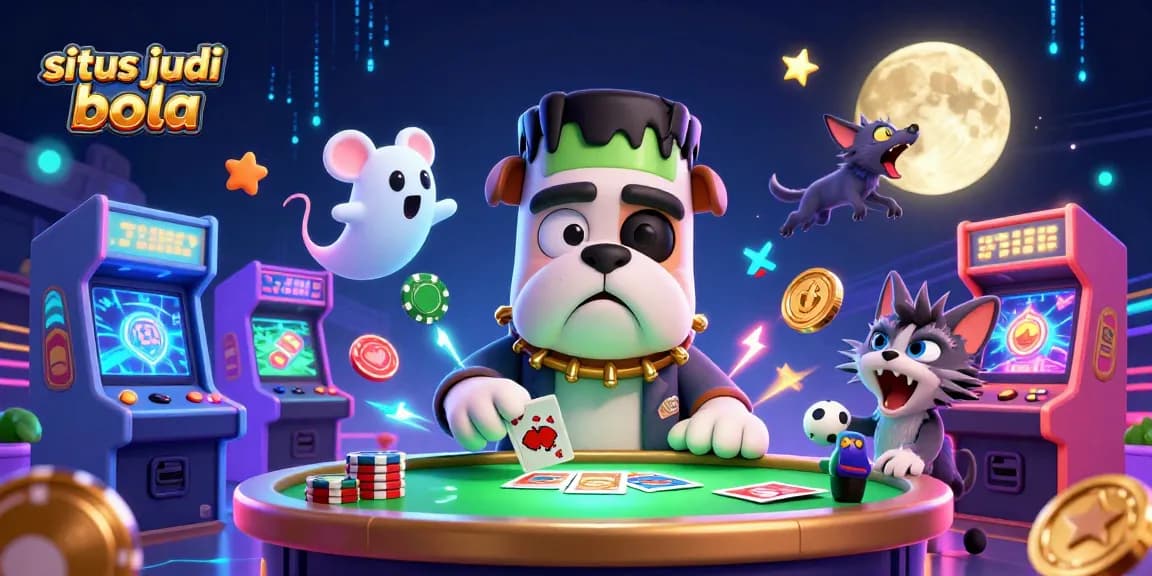 Engage in situs judi bola excitement with a cartoon bulldog and ghost mouse in a vivid casino scene.