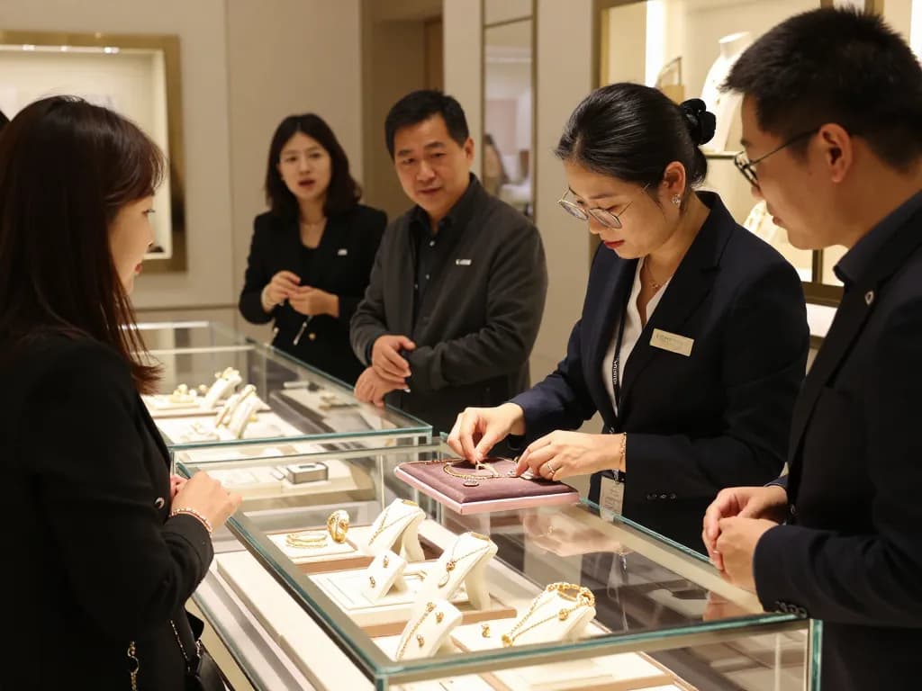 Elegant jewelry display in a store, showcasing luxury pieces via expert assistance and inviting atmosphere