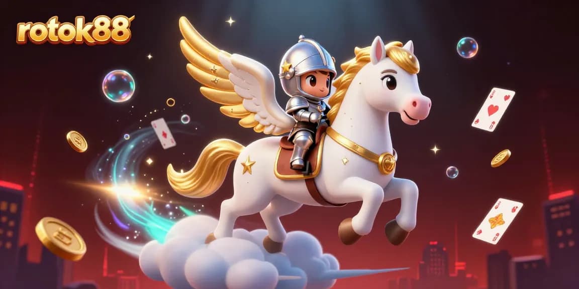 Experience thrilling wins with rokok88, as a celestial knight conquers vibrant casino treasures.