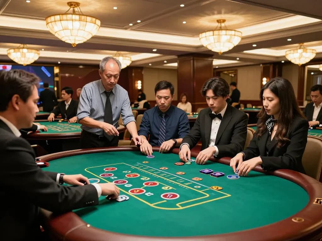 Players engaging in strategic blackjack gameplay at bk8 casino, vibrant atmosphere with elegant decor.
