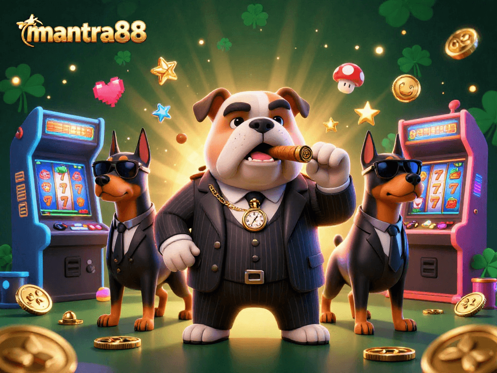 Play exciting slots at mantra88 with a mafia boss and his bodyguards in a thrilling casino scene.