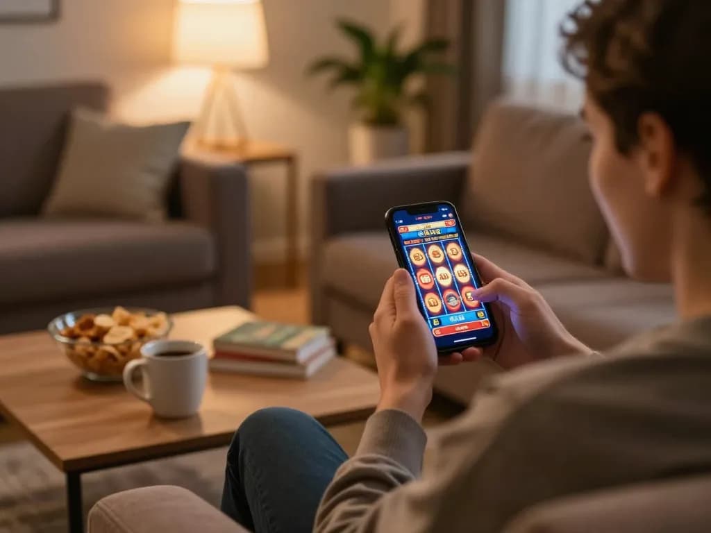 Online casinos Canada player enjoying a big win on smartphone in cozy home setting.