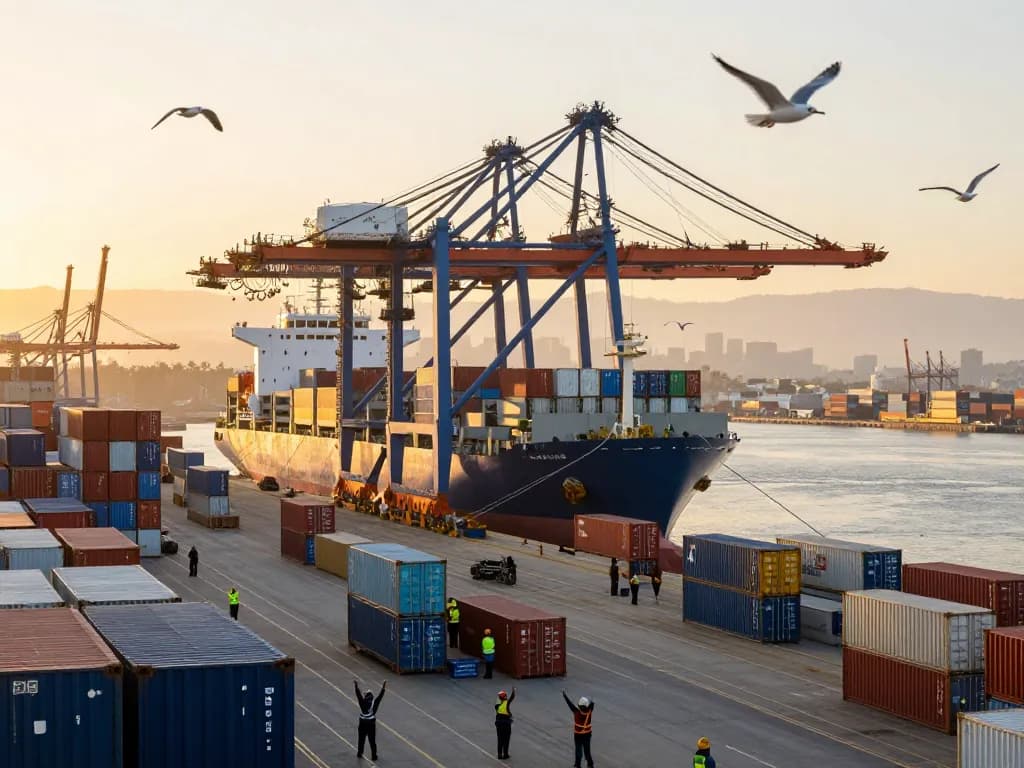 Busy US port scene at dawn with cargo ships and dockworkers coordinating logistics