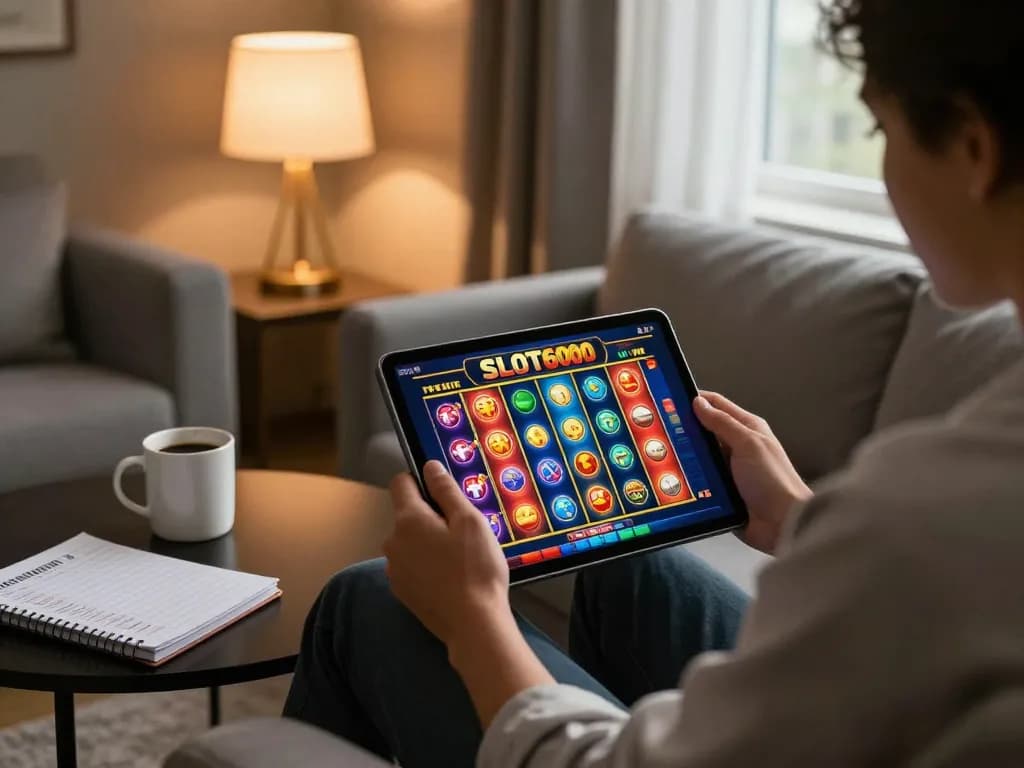 Engaged player enjoying the SLOT6000 online slots experience on a tablet in a cozy home setting.