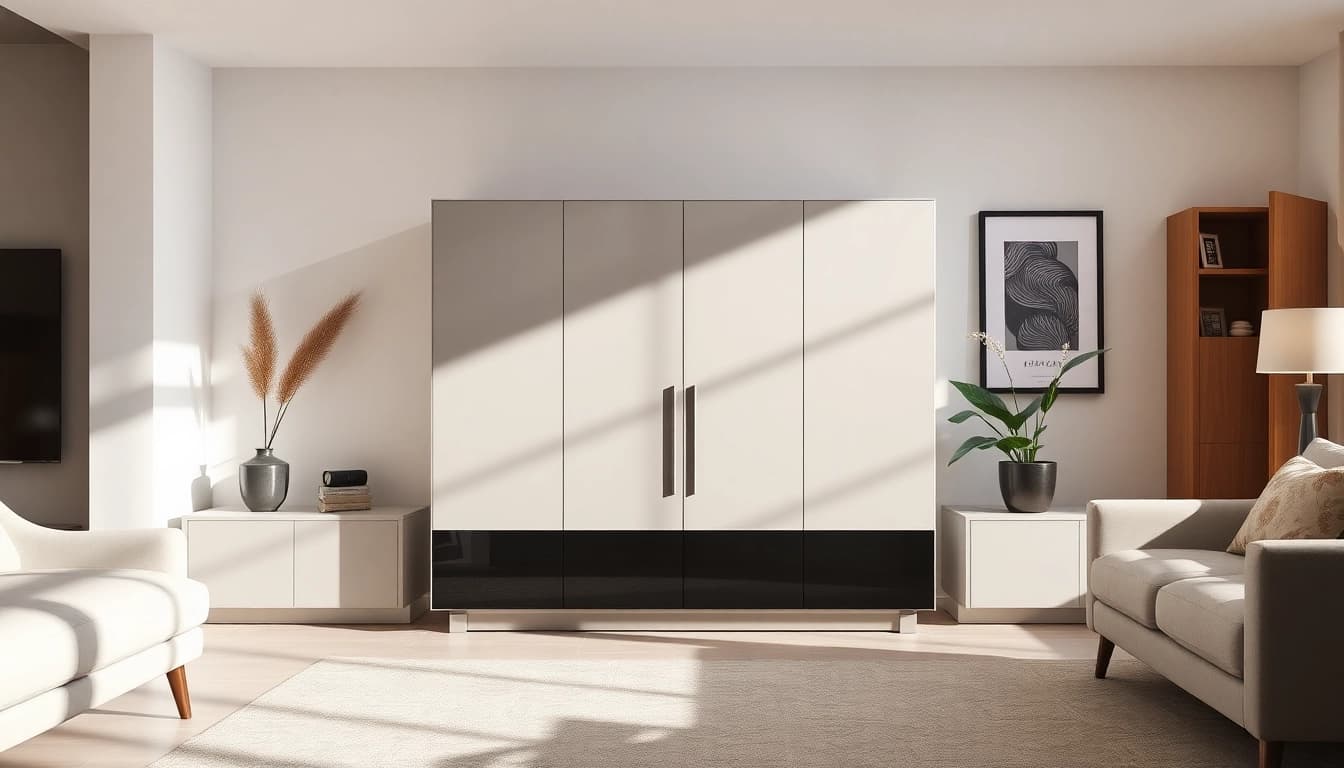 Stylish storage cabinet in a modern living room showcasing elegant design and functionality.