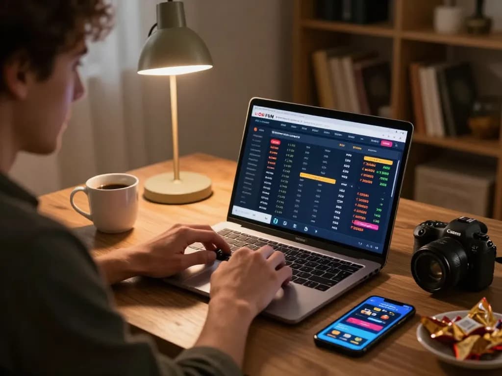 Engage in online sports betting with OK FUN, showcasing an interactive laptop interface and personal gaming setup.