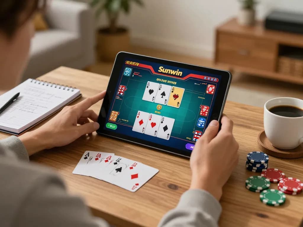 Player enjoying an online casino experience with Sunwin, focused on a poker game strategy at home