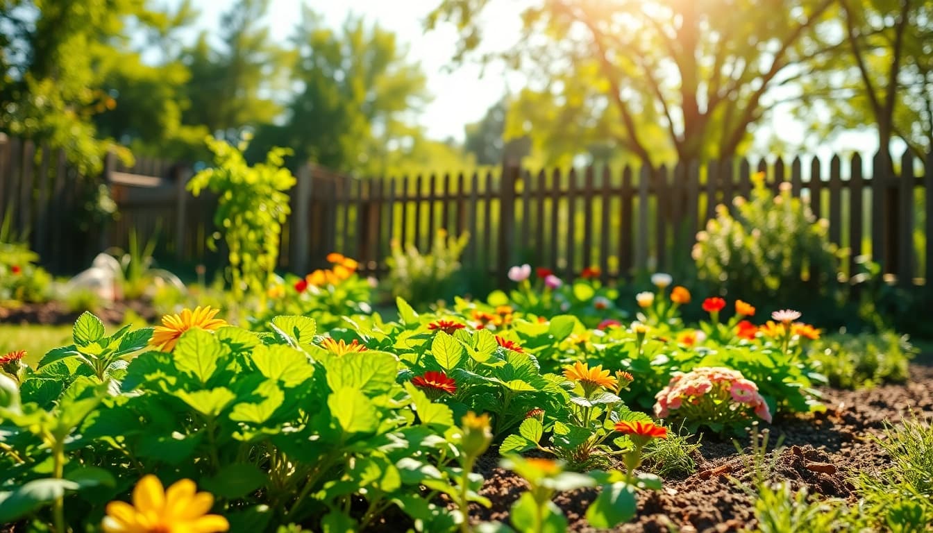 Engaging Gardening scene showcasing a vibrant vegetable patch and colorful flowers.