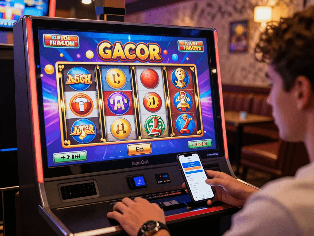 Pengalaman bermain slot gacor di kasino online dengan antarmuka digital yang cerah dan menarik.
