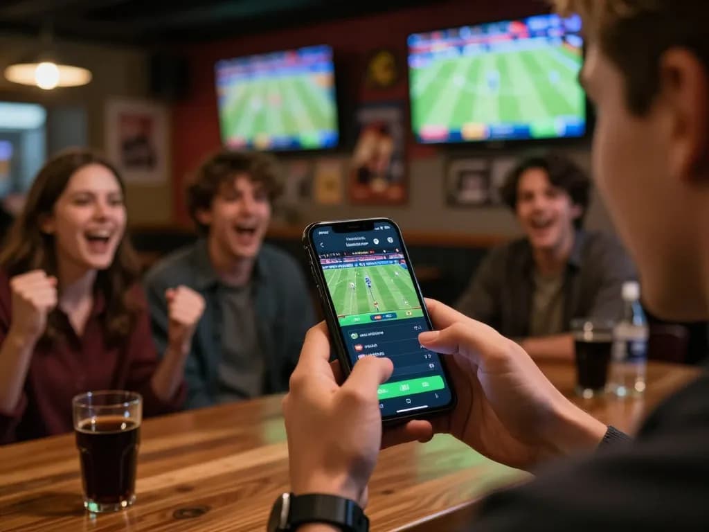 Bongdalu user placing bets on a mobile app during a live sports event, engaging atmosphere.