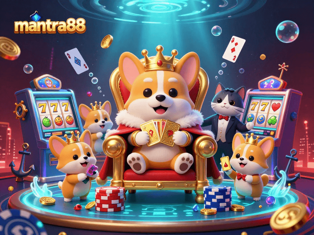 Engage with mantra88 in a vibrant casino world featuring a royal corgi and treasure elements.