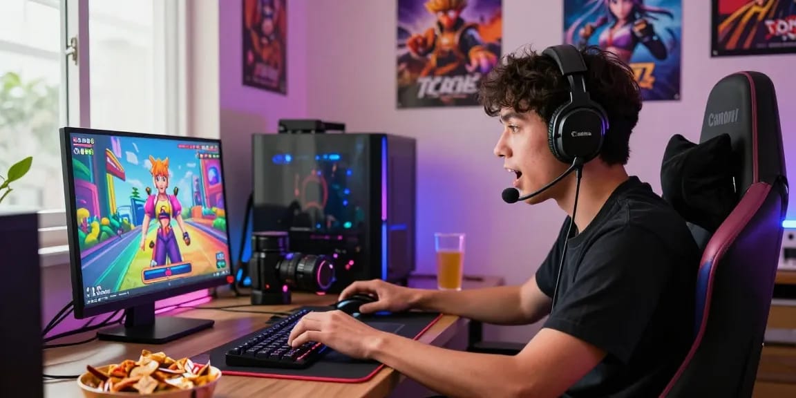 Player enjoying a vibrant hentai game on a laptop in a colorful gaming setup.