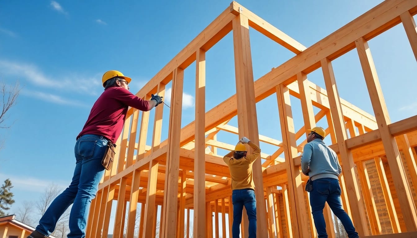 Building a vibrant structural timber frame showcasing craftsmanship in a sunny construction site.