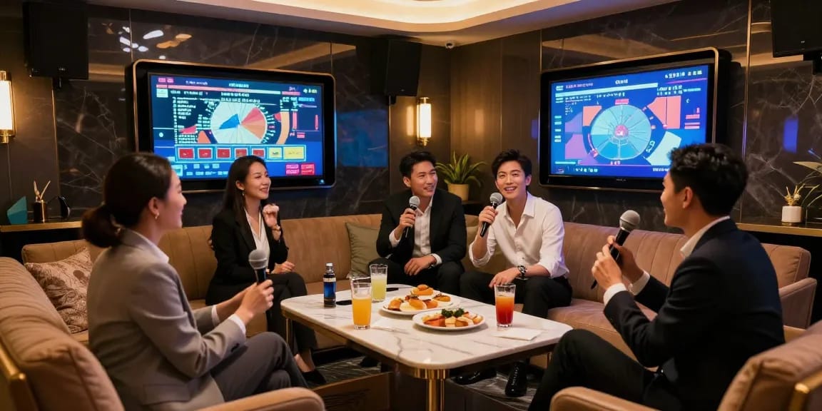 강남쩜오에서 프리미엄 카라오케를 즐기는 한 비즈니스 미팅 장면