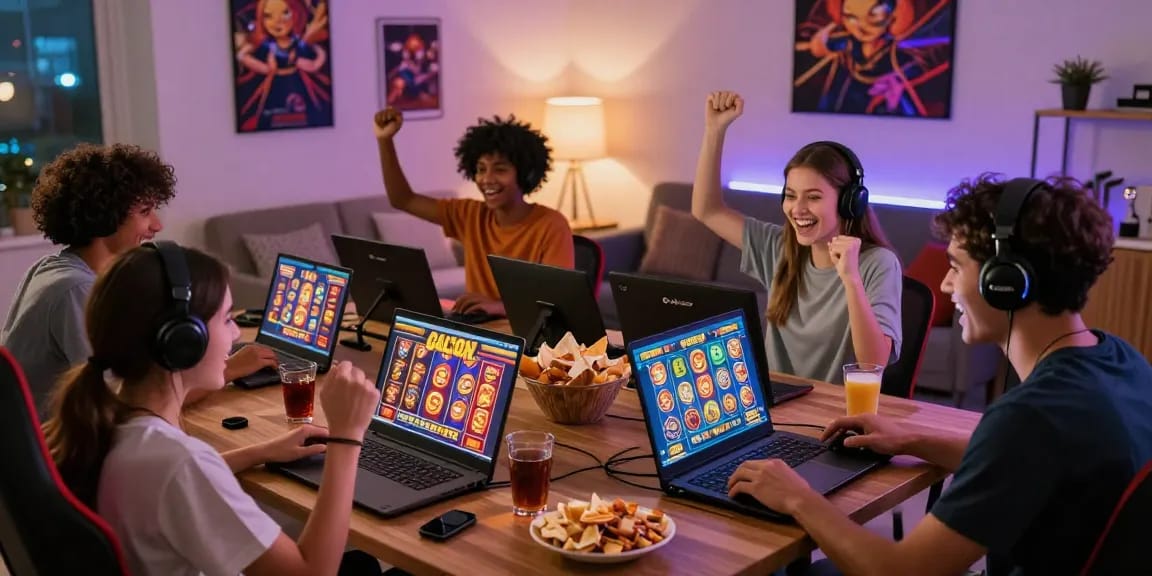 Players enjoying slot gacor games in a lively home setting, celebrating wins together.