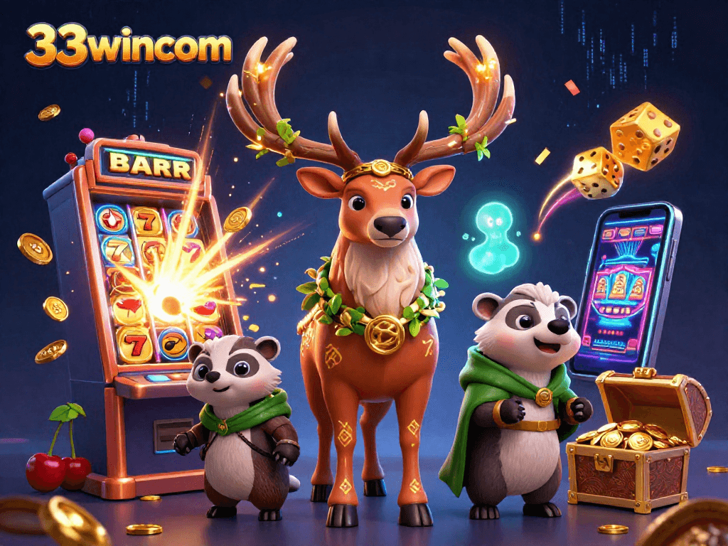 Win big at 33wincom with a vibrant scene showcasing slot machines, gold coins, and magical characters.