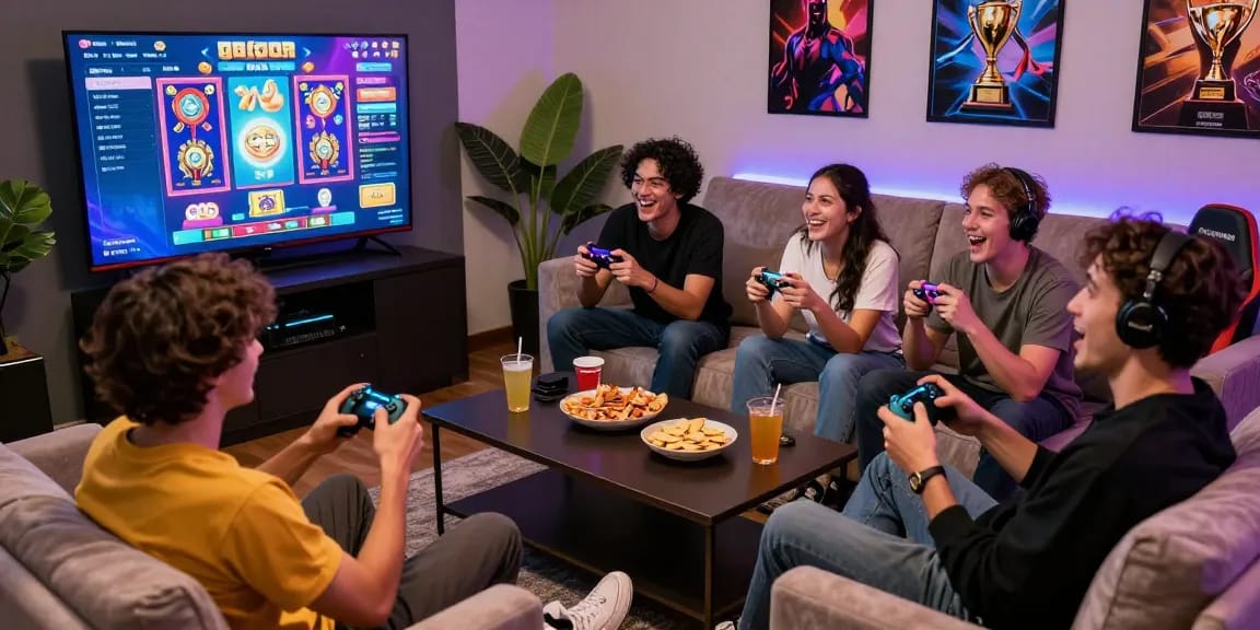 Friends enjoying a thrilling session of slot gacor gaming in a cozy lounge with vibrant decor.