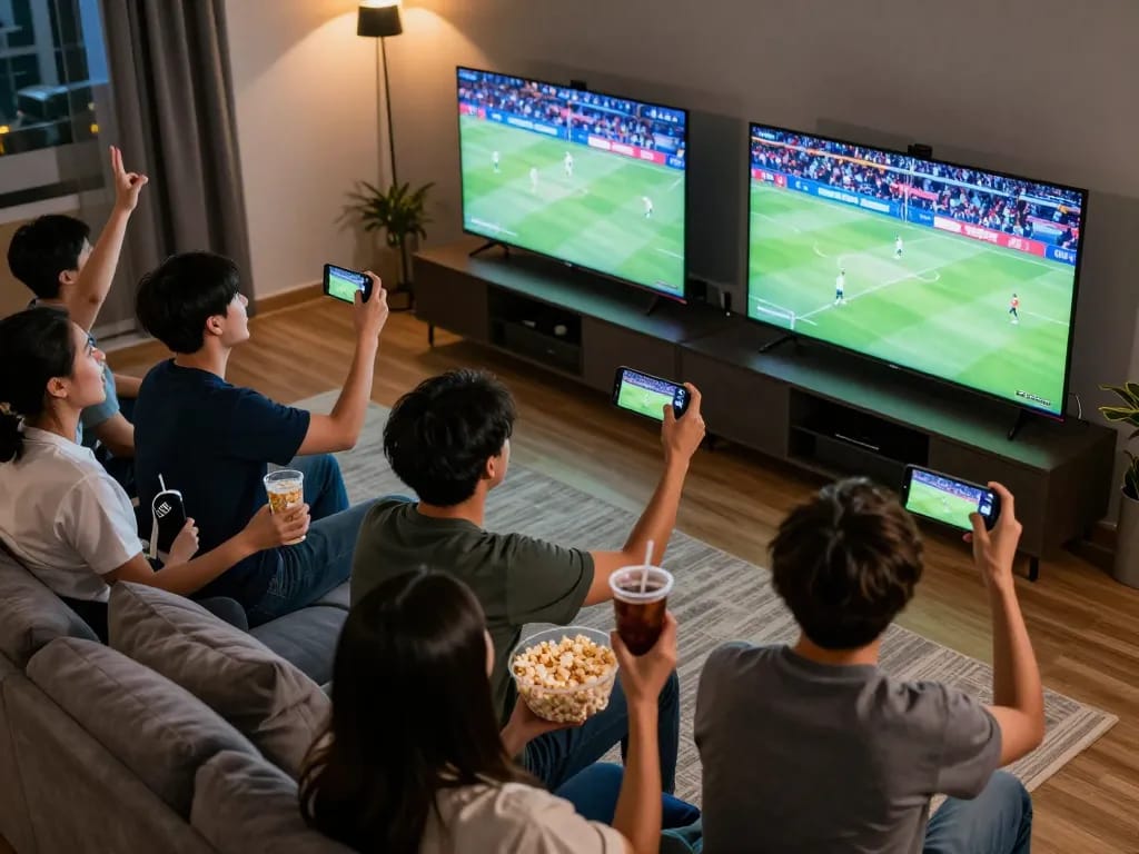 Socolive viewers enjoying live football match in a lively home setting with interactive devices