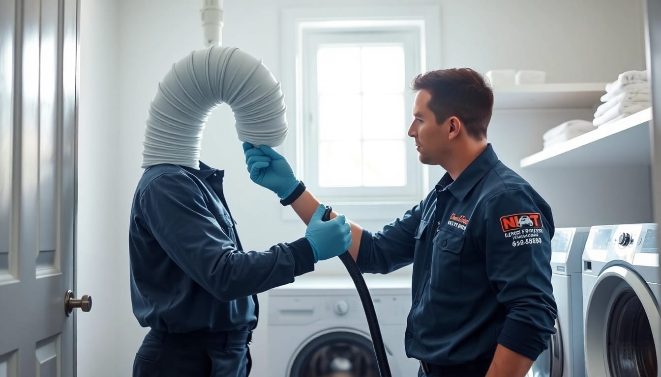 Dryer Vent Cleaning service by a professional technician in a modern laundry room