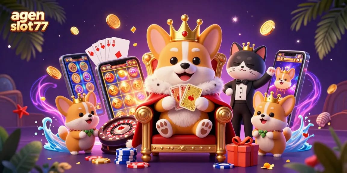 Win big with agen slot777, a vibrant scene of cute characters in a casino atmosphere with slot games and poker chips.