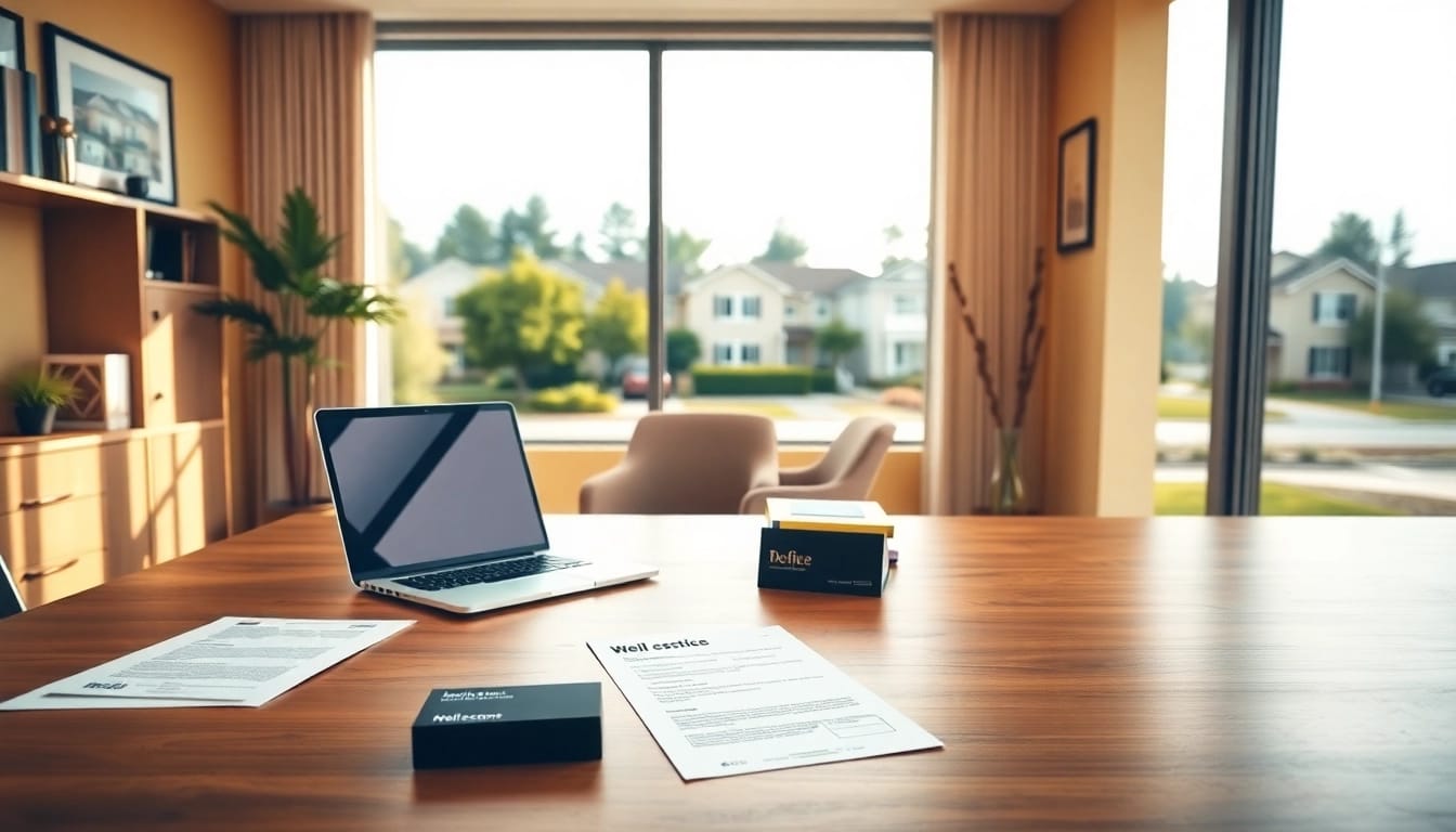 Real Estate office displaying welcoming workspace with paperwork and home view.