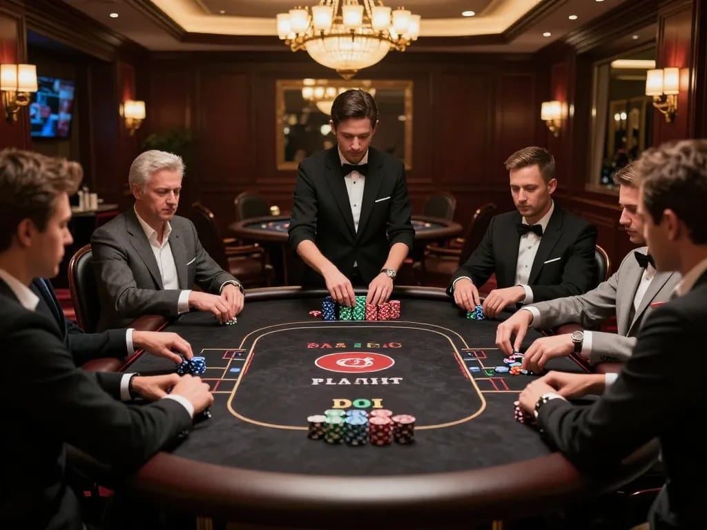 Watch players strategizing at luck8 poker table in prestigious casino