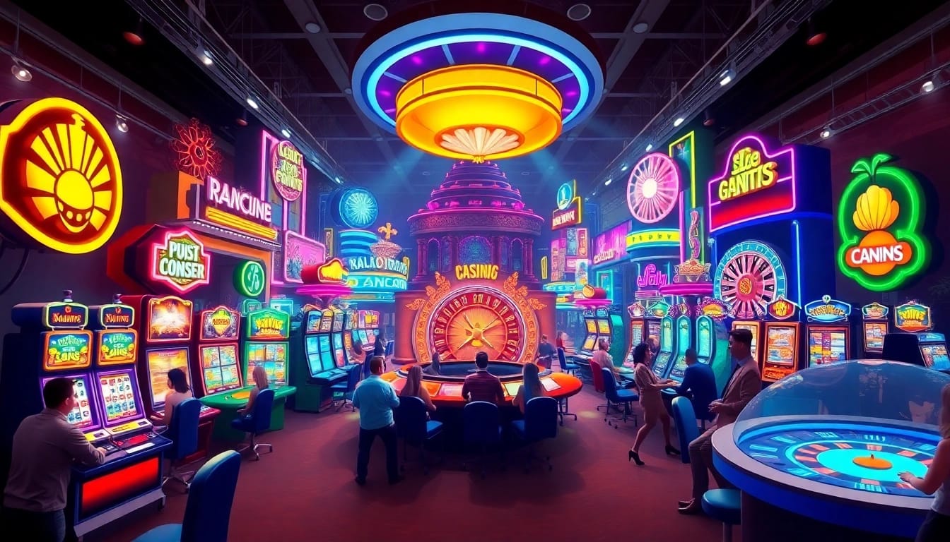 Exciting view of various casino sites featuring colorful gaming elements and eager players.