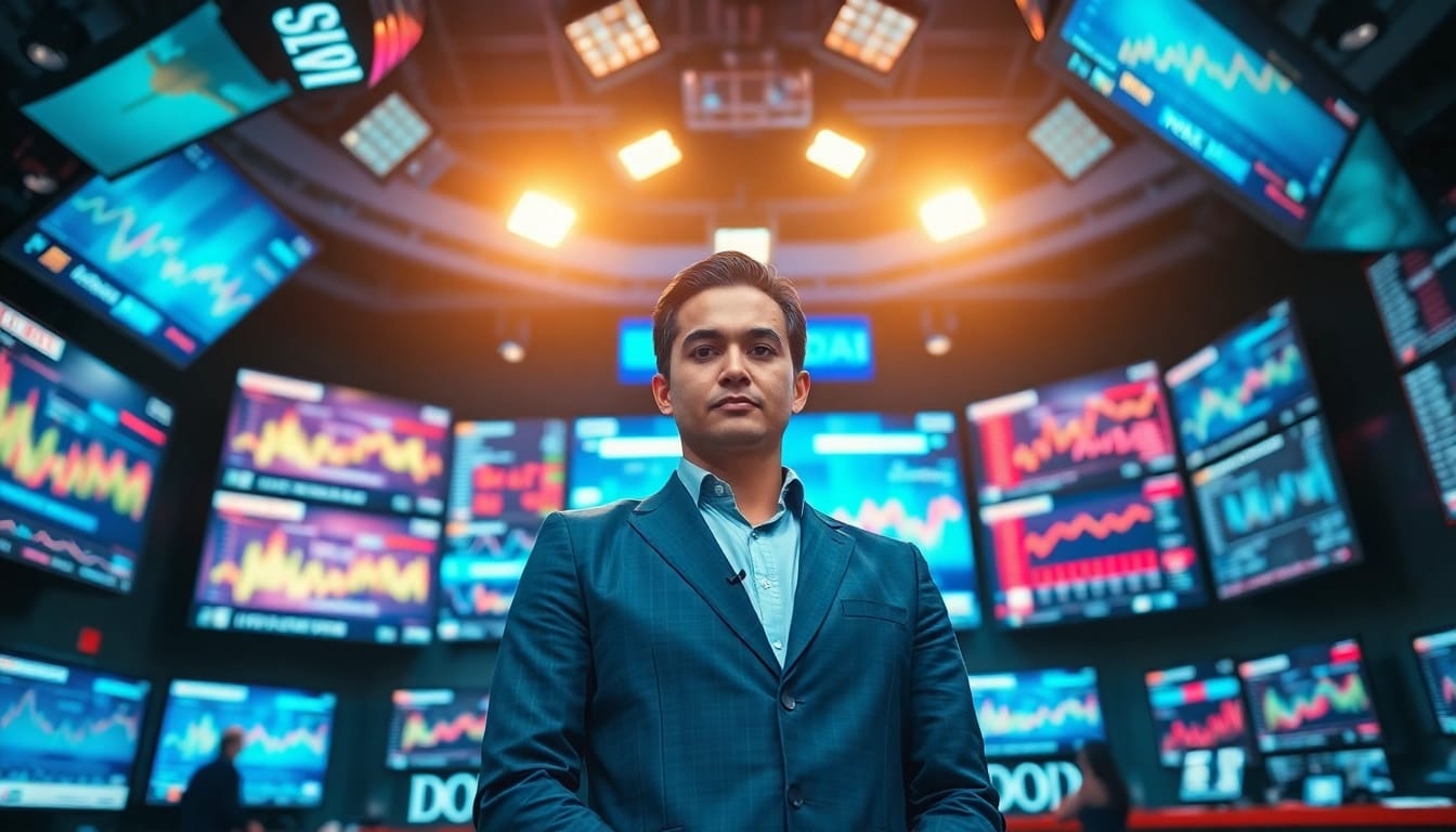 Engaging news reporter delivering breaking news updates in a vibrant newsroom.
