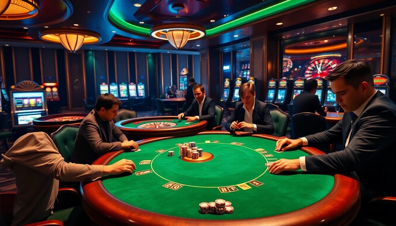 Experience the excitement of SODO Casino with players strategizing at a luxurious poker table.
