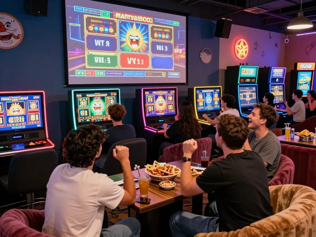 Friends celebrating wins while playing exciting games on www.mantra88.com in a vibrant online casino setting.
