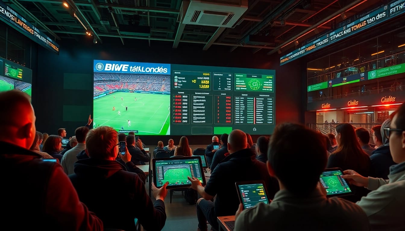 Kèo nhà cái interface showcasing real-time football betting odds, vibrant atmosphere with spectators.