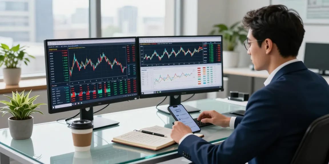 S&P 500 live chart analysis in a modern office with investor monitoring stock trends.