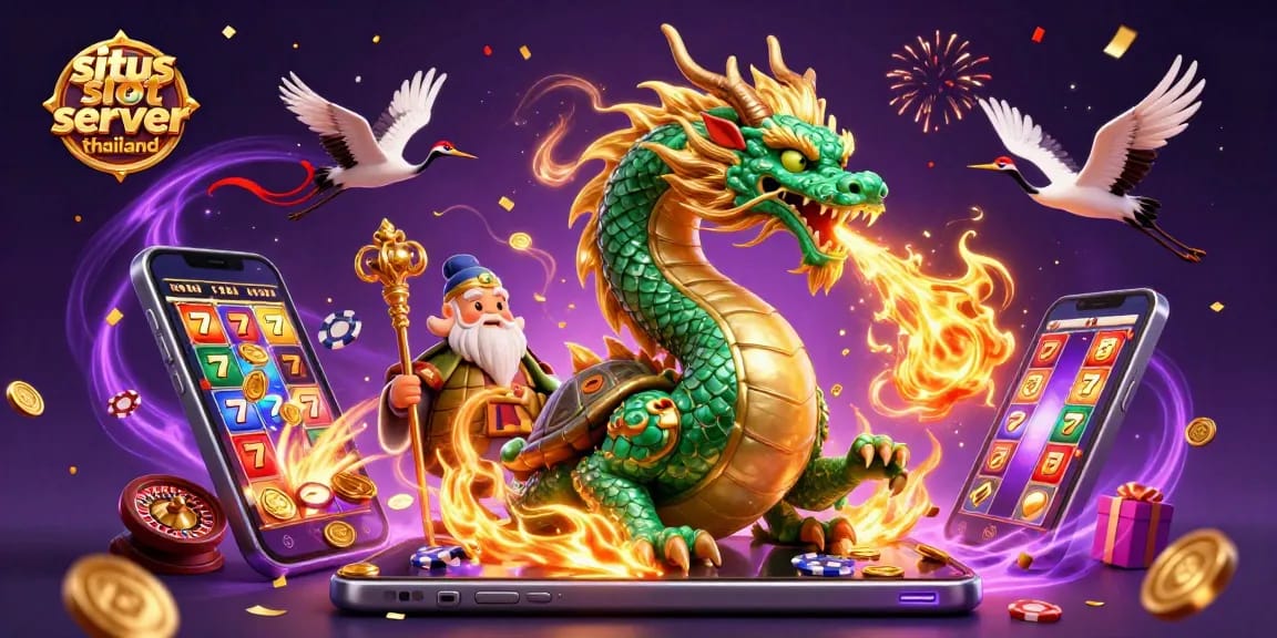 Engage with a vibrant gaming scene showcasing situs slot server thailand, featuring dynamic dragon, turtle, and crane elements.
