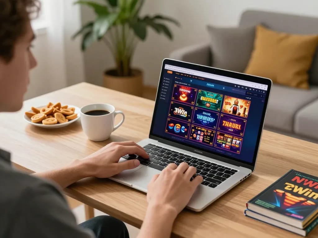 Engaged player enjoying online gaming at 3Win, showcasing a relaxed and strategic home setup.