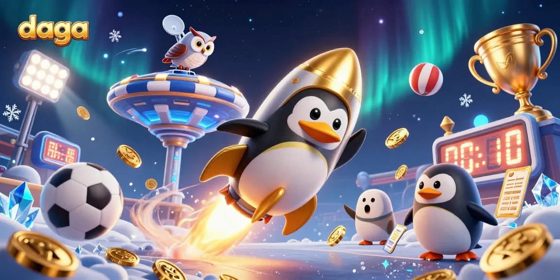 Experience exhilarating gameplay with daga, featuring a dynamic golden penguin on a casino adventure surrounded by sport elements.