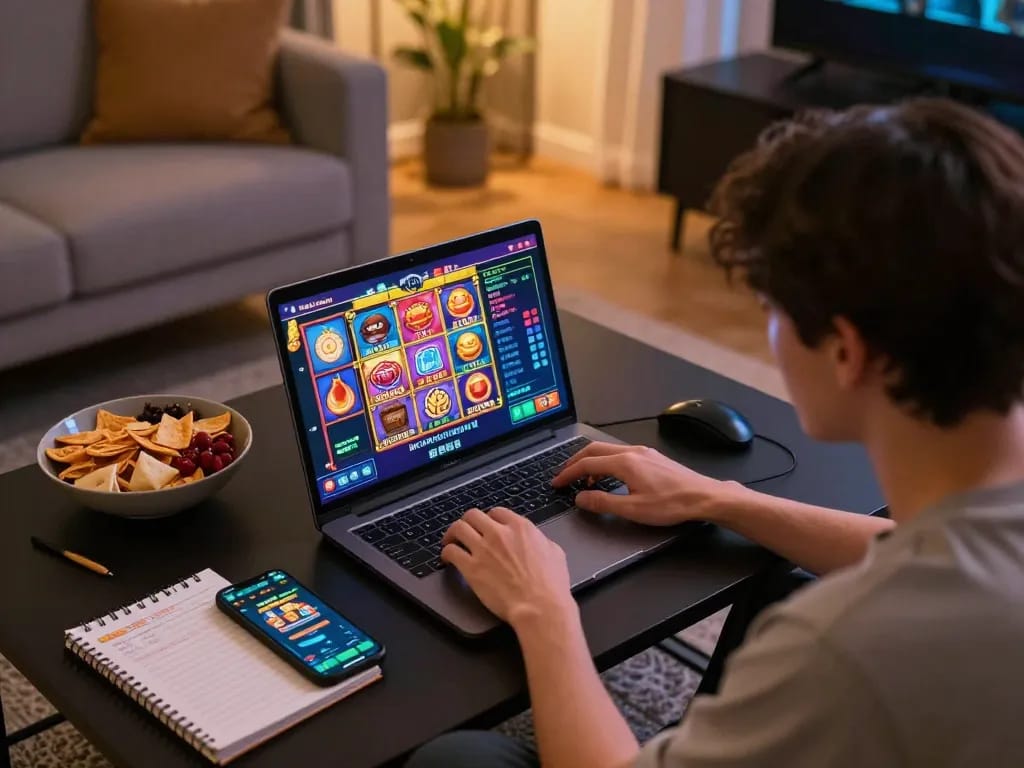 Player enjoying สล็อต games on a laptop in a cozy living room, illustrating the fun of online gambling.