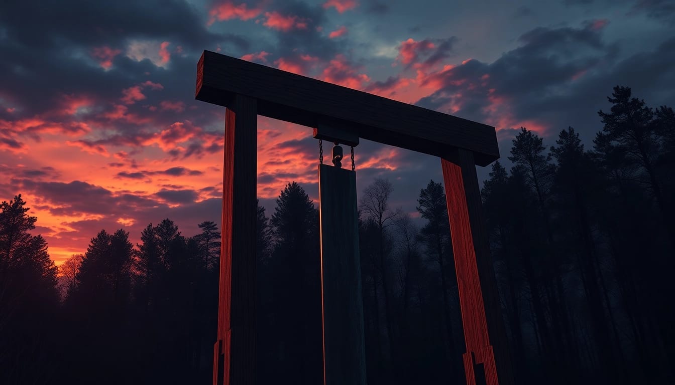 Guillotine origin phrase depicted with an ominous historical guillotine in twilight.