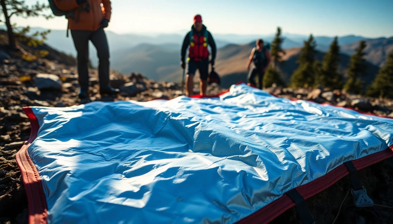 Preparing for emergencies with a durable emergency blanket on a mountain trail.